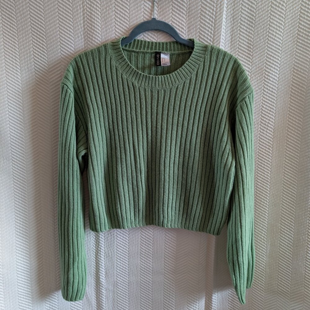 H&M Green Ribbed Knit Cropped Sweater Size Medium Cozy Minimalist Crew Neck